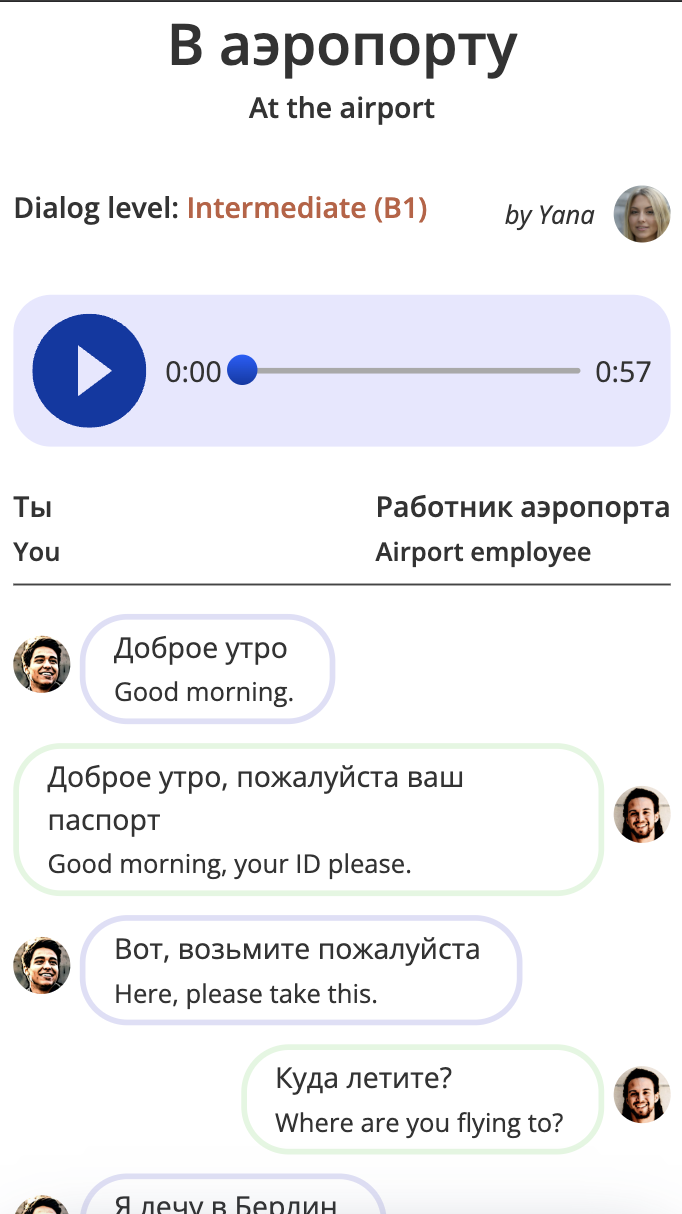 Screenshot of real-life scenario dialogues on OpenRussian